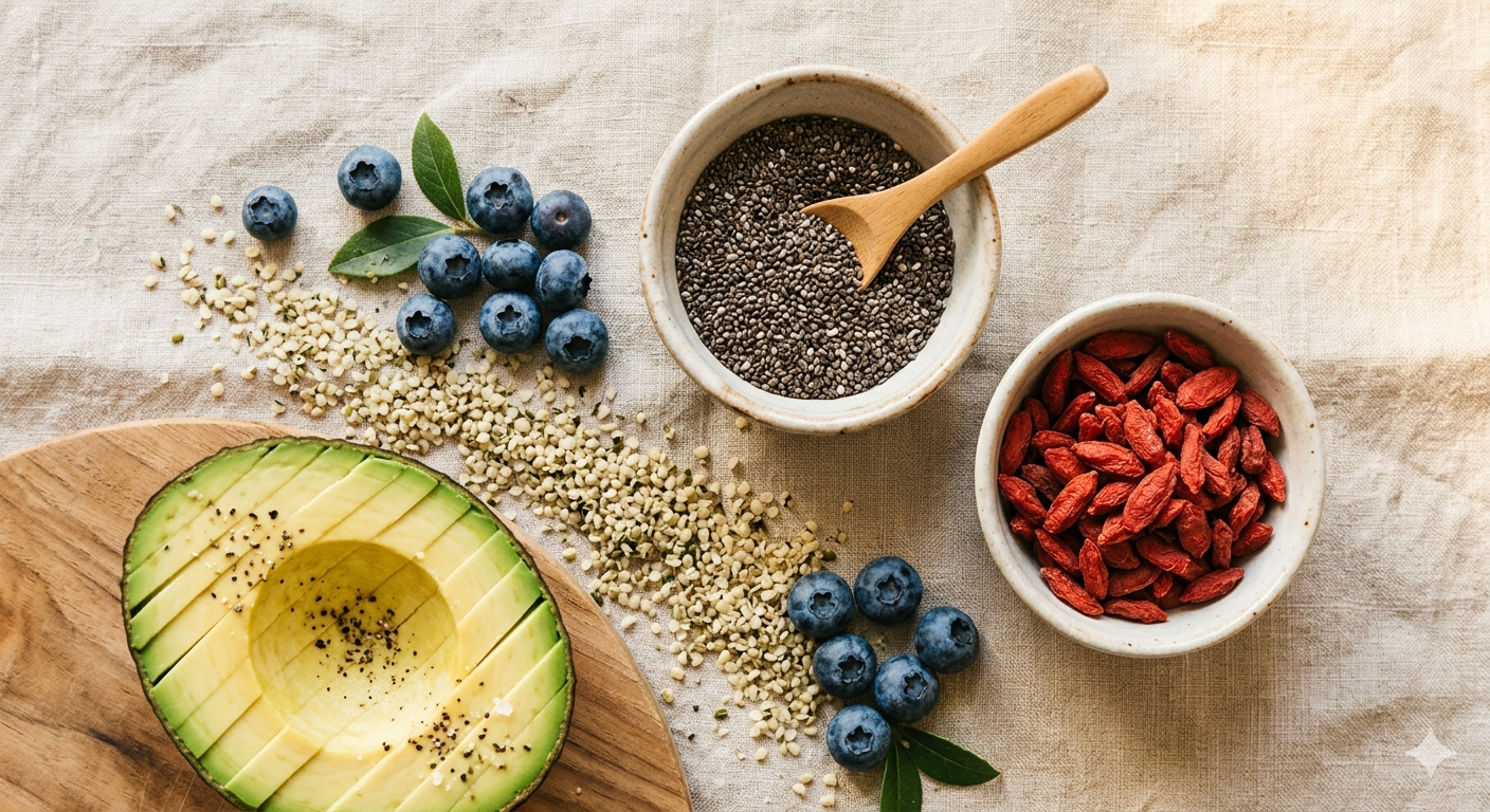 Výběr superpotravin — acai, goji, chia semínka